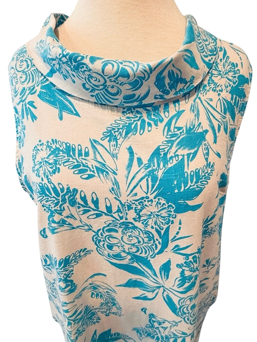 Luisa Perla Blue White Floral Linen Blend Shift Dress Sleeveless Cowl Neck Large - Picture 4 of 11